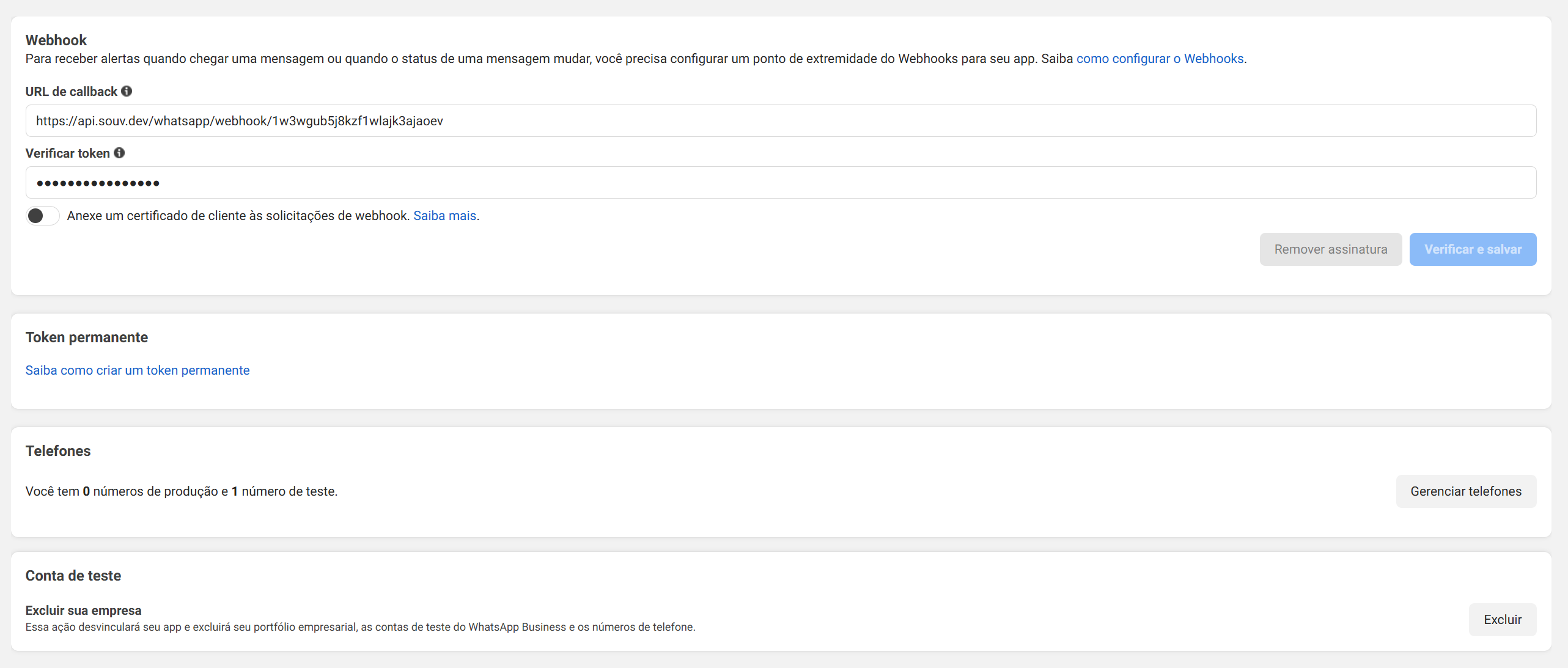 Webhook configuration screen in Meta Developers
