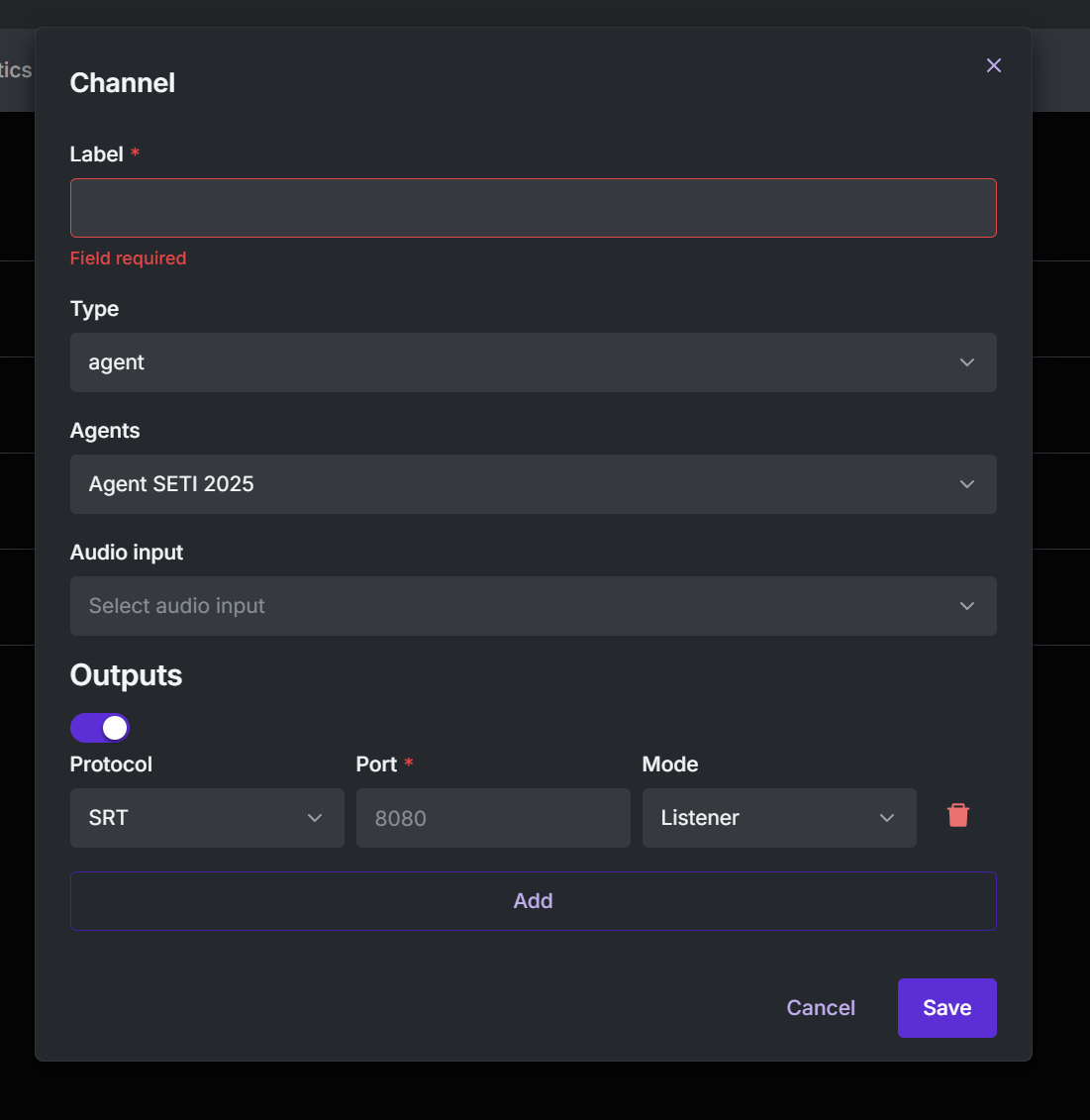 Modal de creación de canal