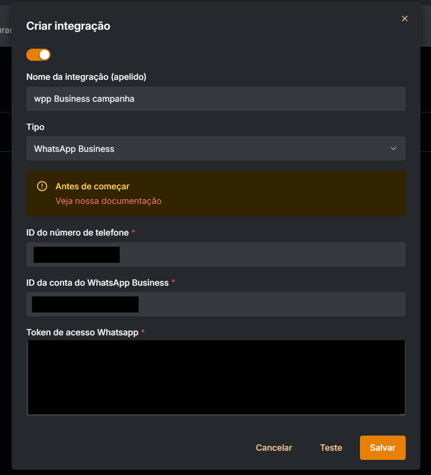 Pantalla de creación de integración